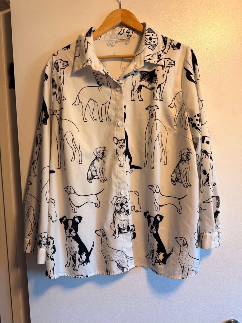 Women’s White Button-Down Shirt with Black Dog Print